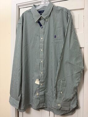 Ralph Lauren green and white striped Button Down purple pony men’s xxl.NEW